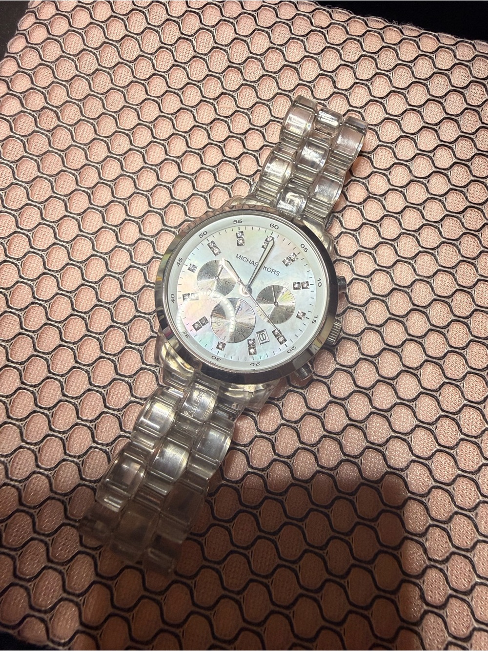 Authentic Michael Kors Clear Bracelet Watch with Mother-of-Pearl Dial